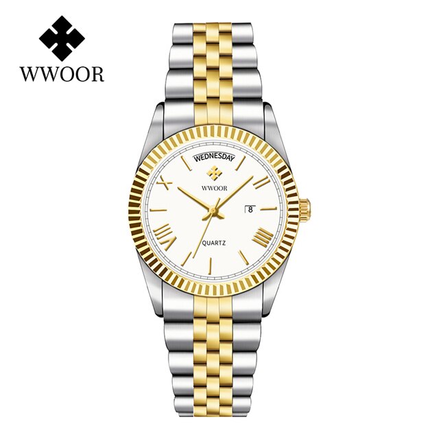 Relógio Dourado luxo Aço inoxidável com Calendário loja deepbel