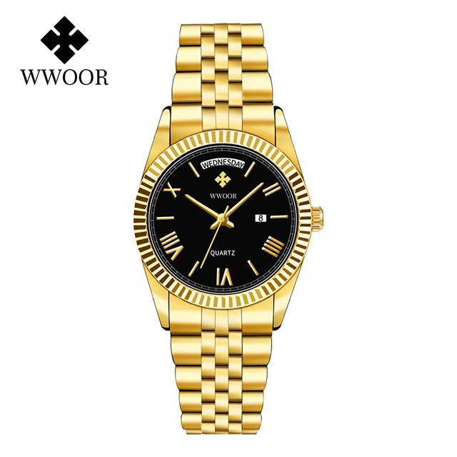 Relógio Dourado luxo Aço inoxidável com Calendário loja deepbel