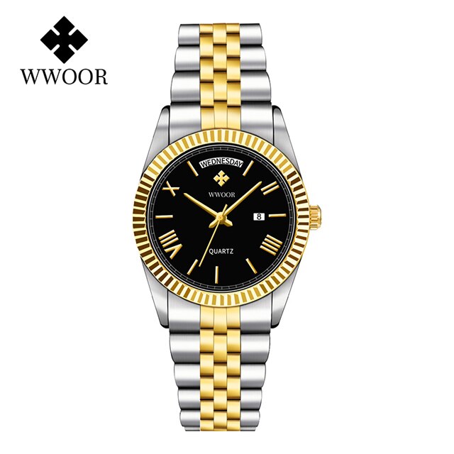 Relógio Dourado luxo Aço inoxidável com Calendário loja deepbel