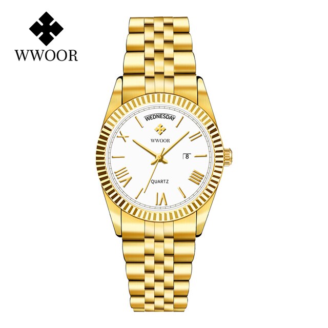 Relógio Dourado luxo Aço inoxidável com Calendário loja deepbel