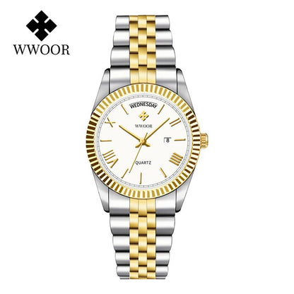 Relógio Dourado luxo Aço inoxidável com Calendário loja deepbel