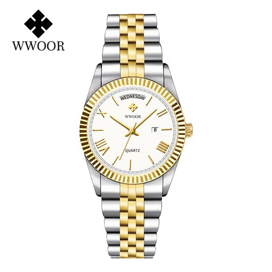 Relógio Dourado luxo Aço inoxidável com Calendário loja deepbel