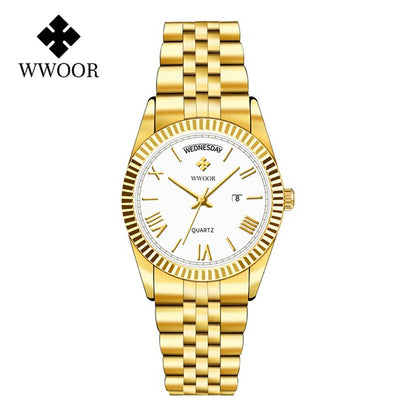 Relógio Dourado luxo Aço inoxidável com Calendário loja deepbel